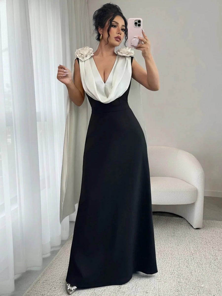 Floral Applique Two Tone Maxi Dress - 