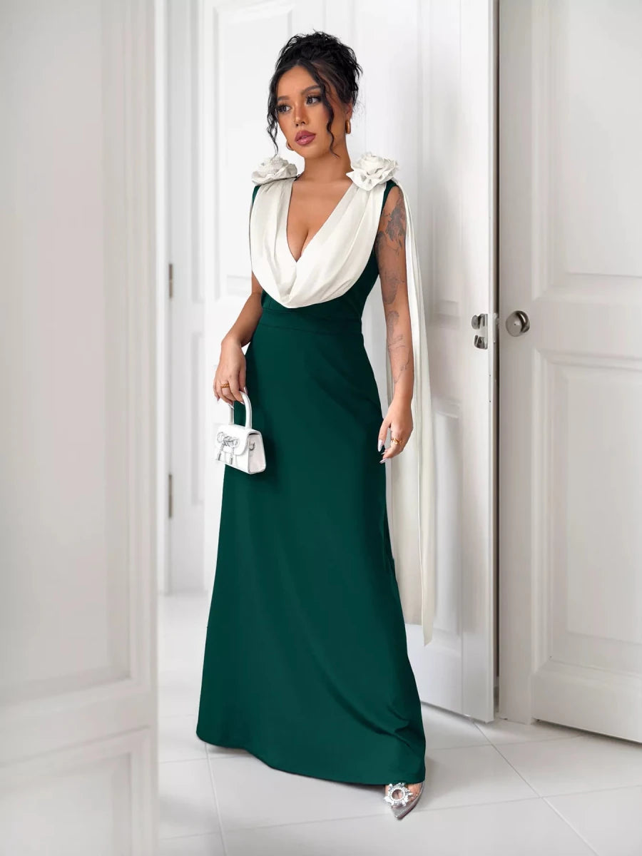 Floral Applique Two Tone Maxi Dress - 