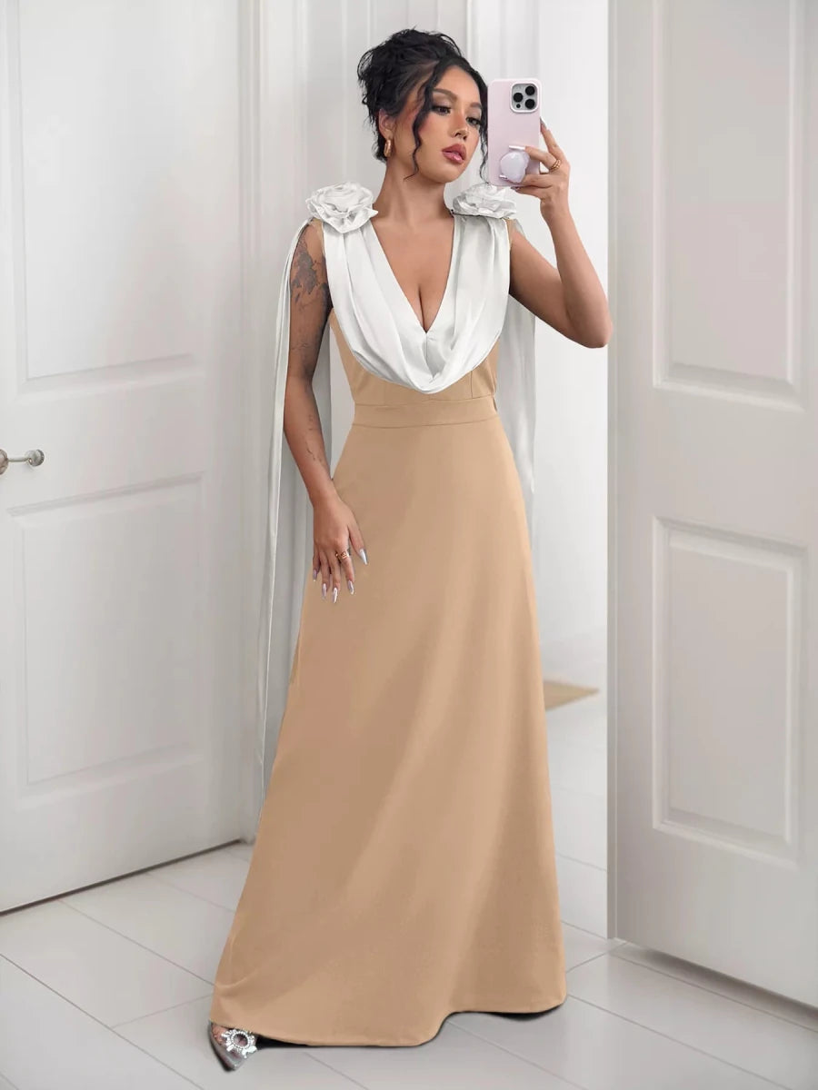 Floral Applique Two Tone Maxi Dress - 