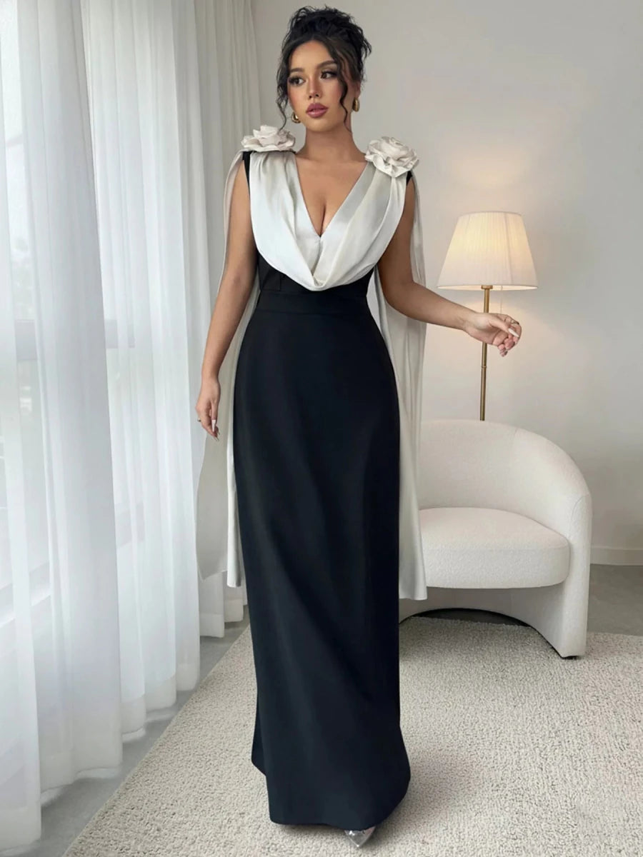 Floral Applique Two Tone Maxi Dress - 