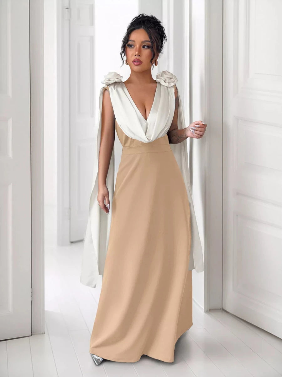 Floral Applique Two Tone Maxi Dress - 