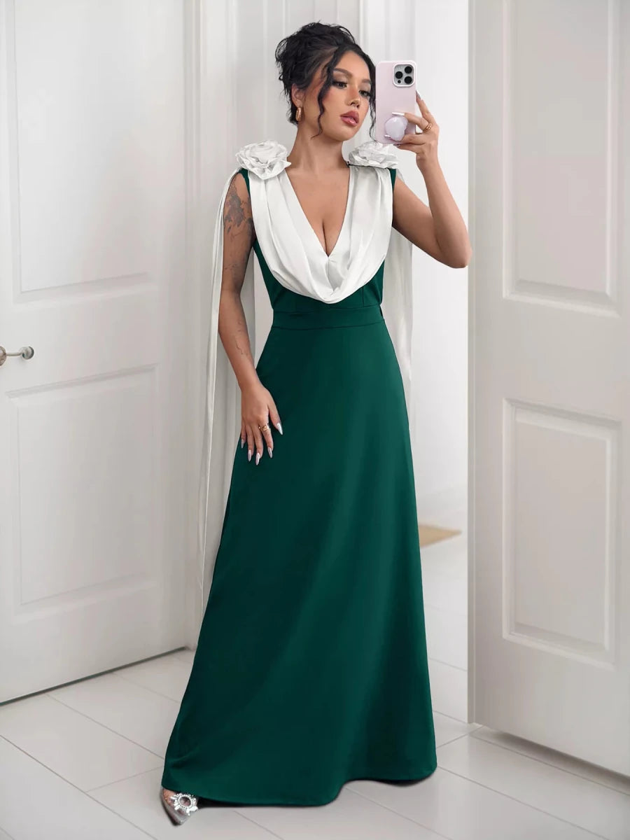Floral Applique Two Tone Maxi Dress - 