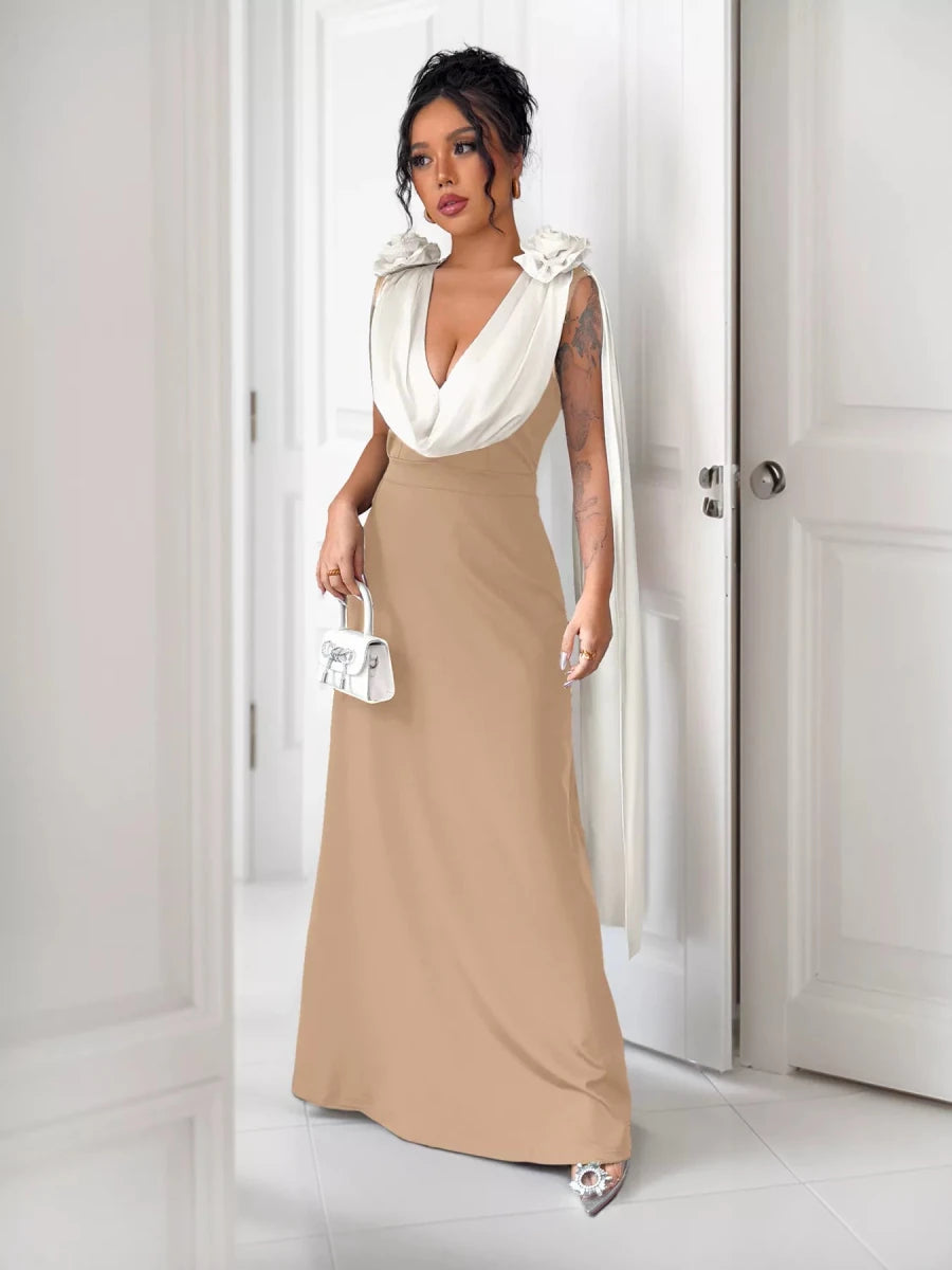 Floral Applique Two Tone Maxi Dress - 