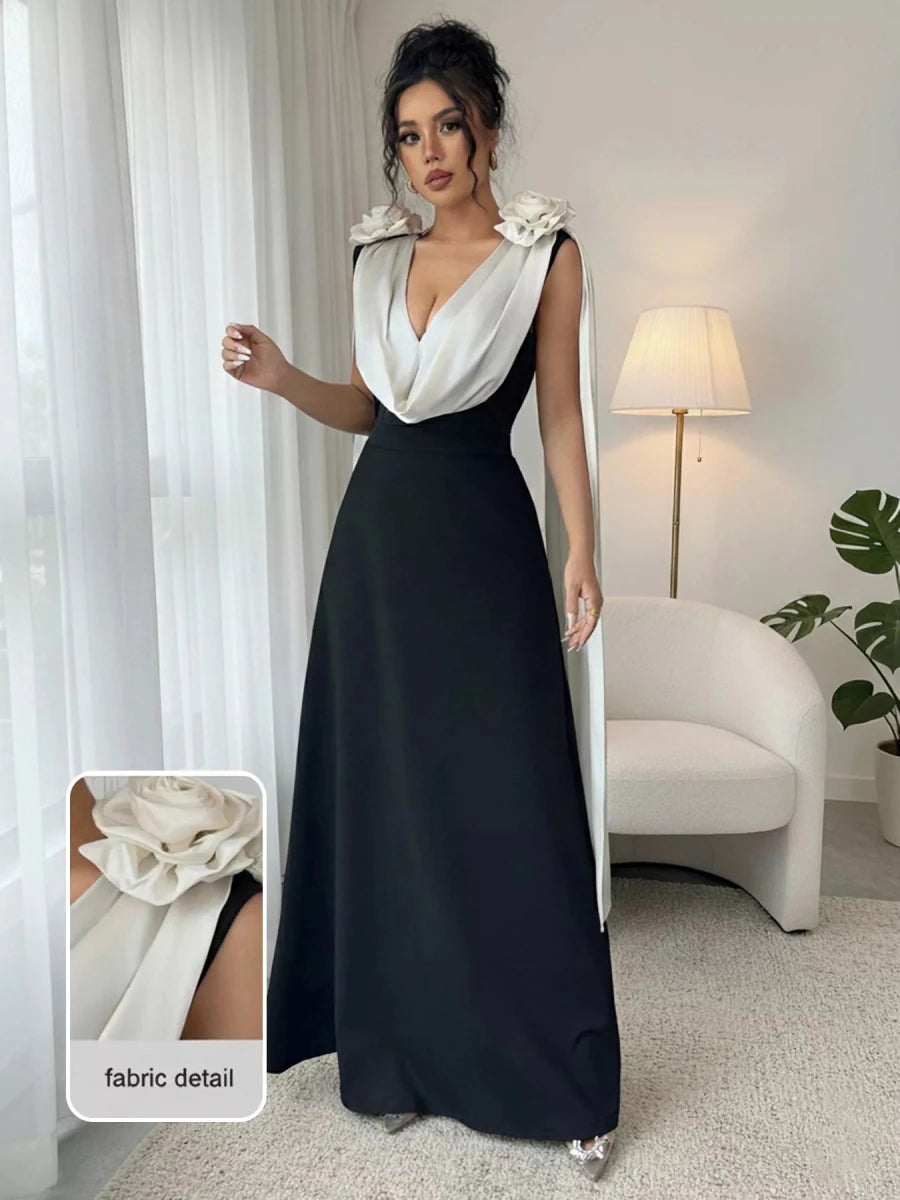 Floral Applique Two Tone Maxi Dress - 