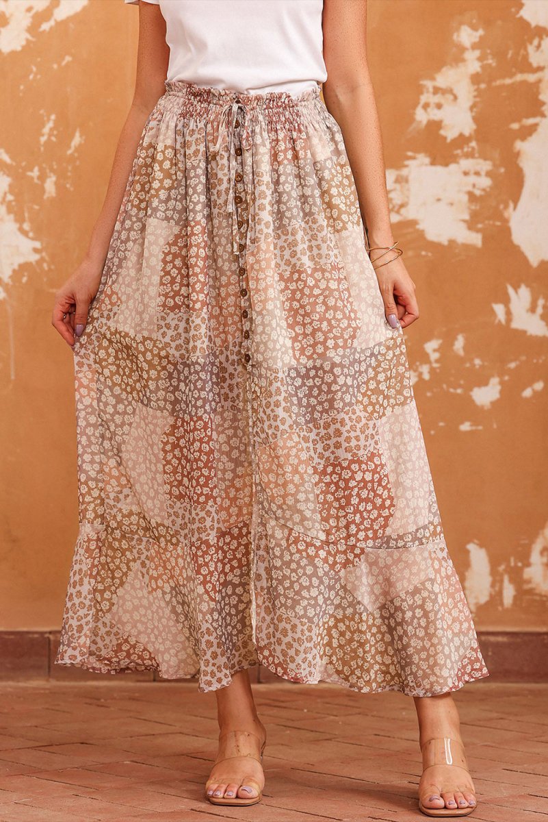 Floral Buttoned Front Slit Skirt - Bottoms