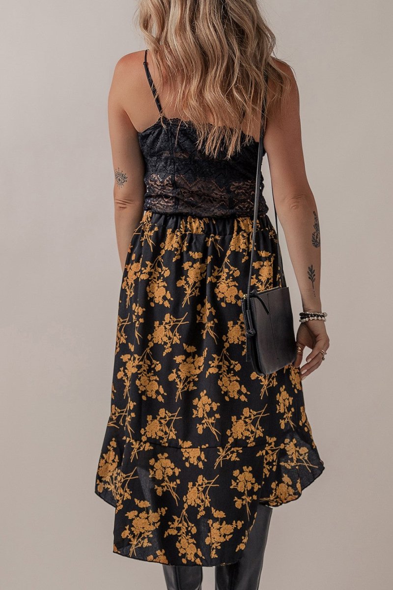 Floral Buttoned Ruffle Hem Skirt - Bottoms