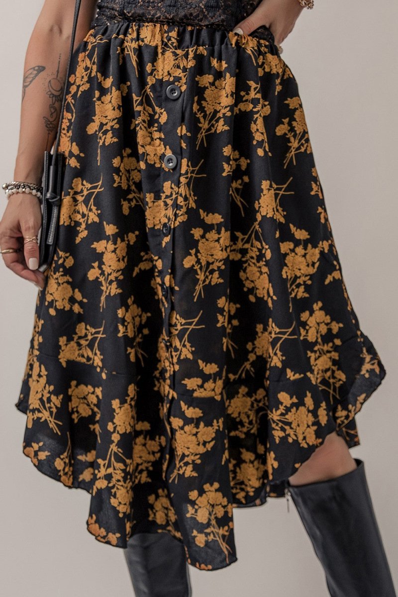 Floral Buttoned Ruffle Hem Skirt - Bottoms