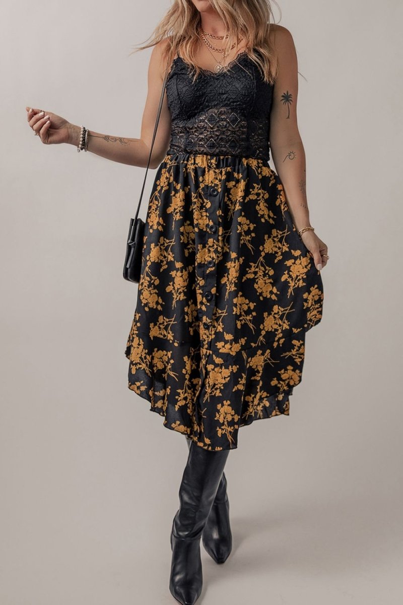 Floral Buttoned Ruffle Hem Skirt - Bottoms