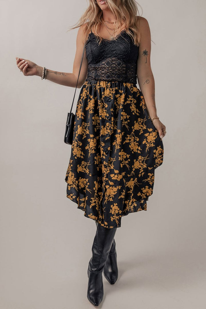 Floral Buttoned Ruffle Hem Skirt - Bottoms
