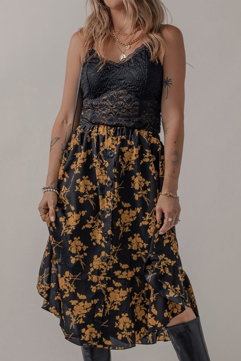 Floral Buttoned Ruffle Hem Skirt - Bottoms