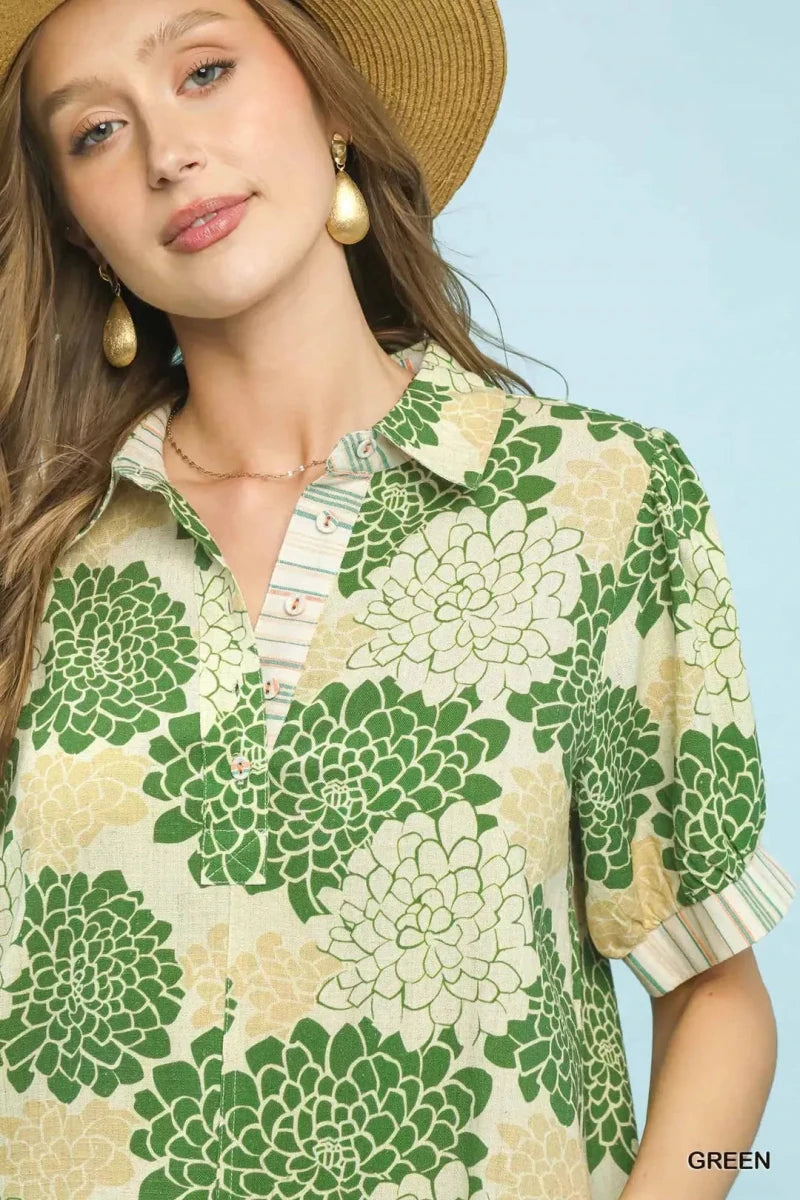 Floral Collared Short Sleeve Blouse - 
