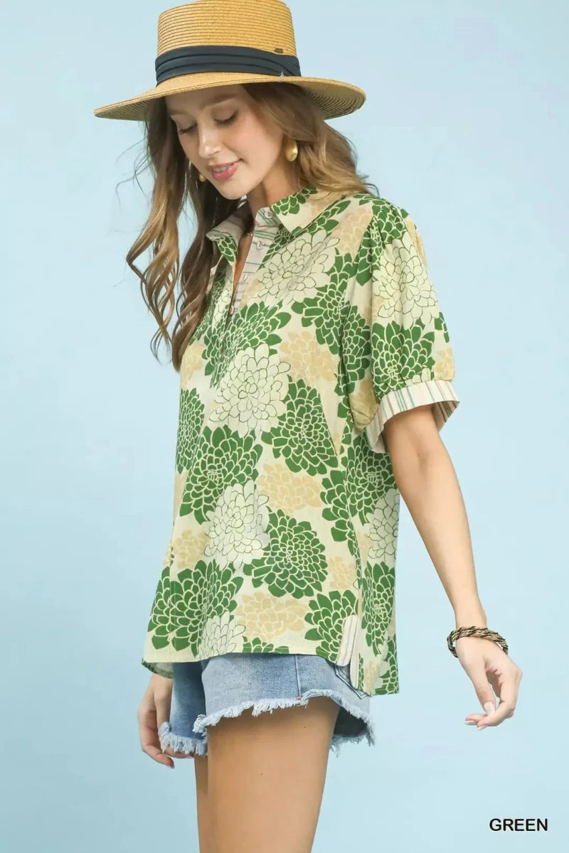 Floral Collared Short Sleeve Blouse - 