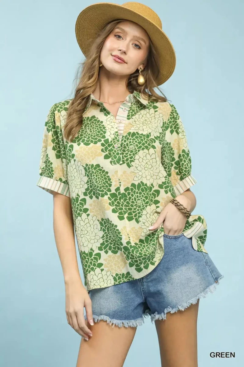 Floral Collared Short Sleeve Blouse - 
