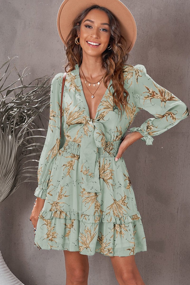Floral Deep V Flounce Sleeve Mini Dress - Casual Dress