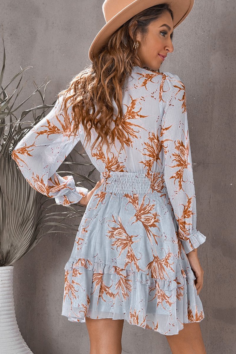 Floral Deep V Flounce Sleeve Mini Dress - Casual Dress