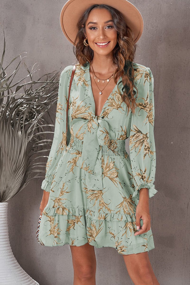 Floral Deep V Flounce Sleeve Mini Dress - Casual Dress