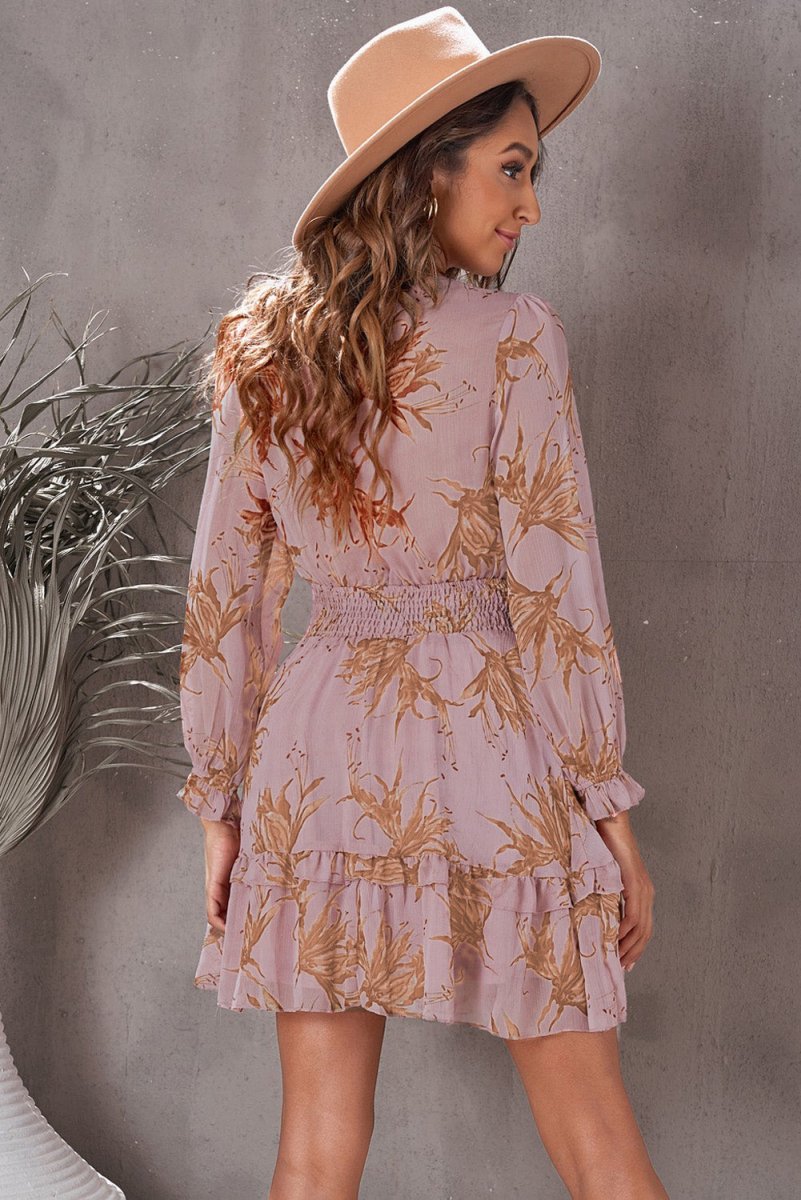 Floral Deep V Flounce Sleeve Mini Dress - Casual Dress