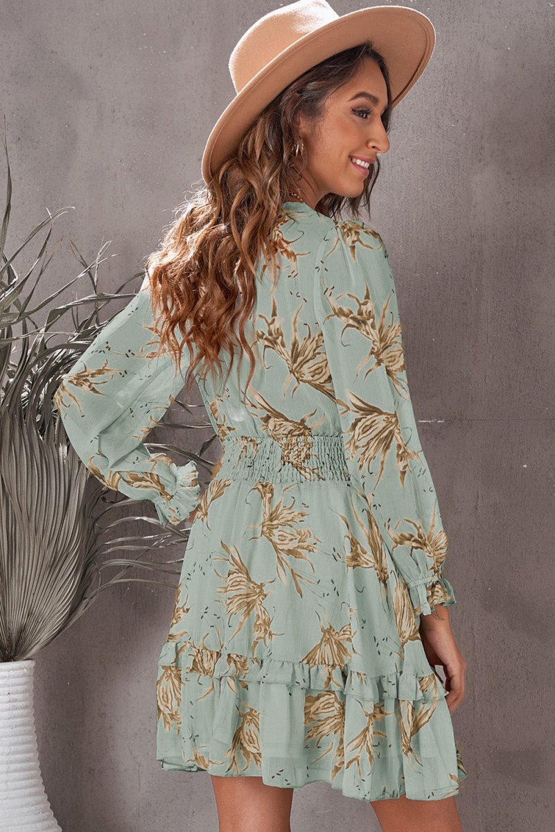 Floral Deep V Flounce Sleeve Mini Dress - Casual Dress