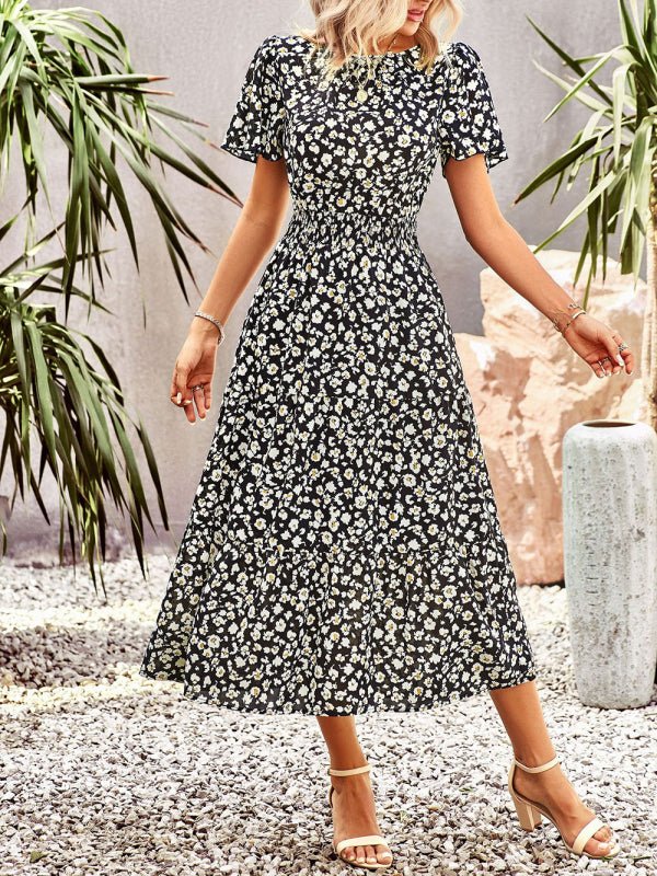 Floral Dress 2023 Summer Temperament Elegant Waist Short Sleeve Long Dress - Day Dress