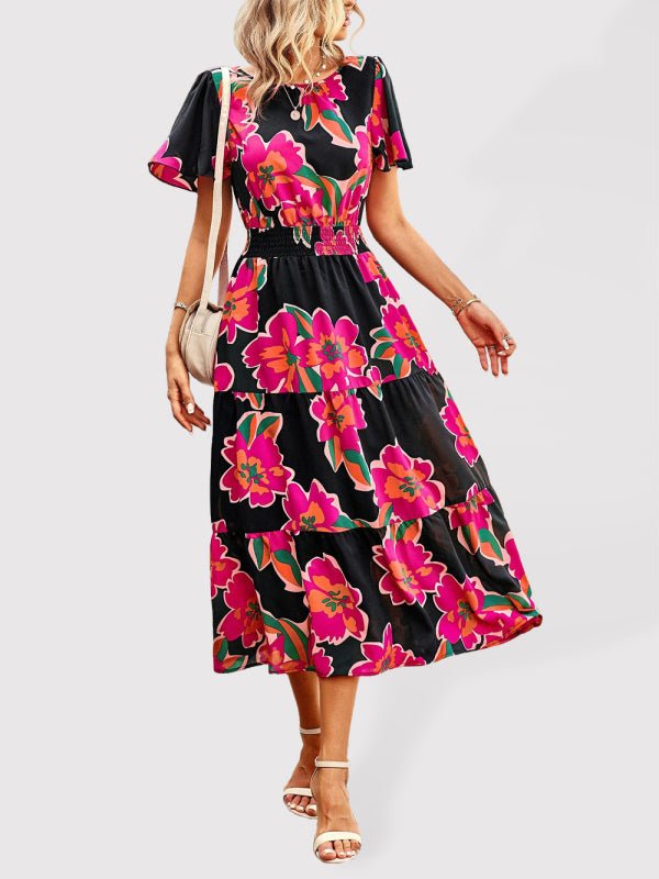 Floral Dress 2023 Summer Temperament Elegant Waist Short Sleeve Long Dress - Day Dress