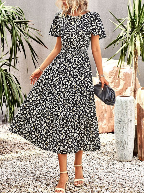 Floral Dress 2023 Summer Temperament Elegant Waist Short Sleeve Long Dress - Day Dress