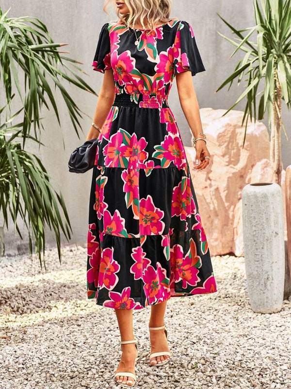 Floral Dress 2023 Summer Temperament Elegant Waist Short Sleeve Long Dress - Day Dress