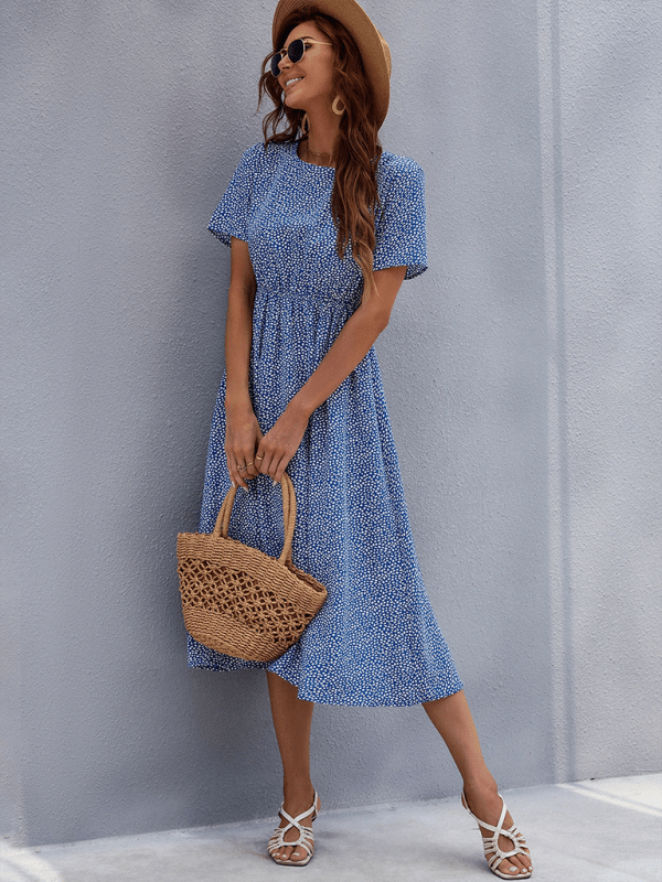 Floral dress women's summer small fresh short - sleeved mid - length skirt - Day Dress