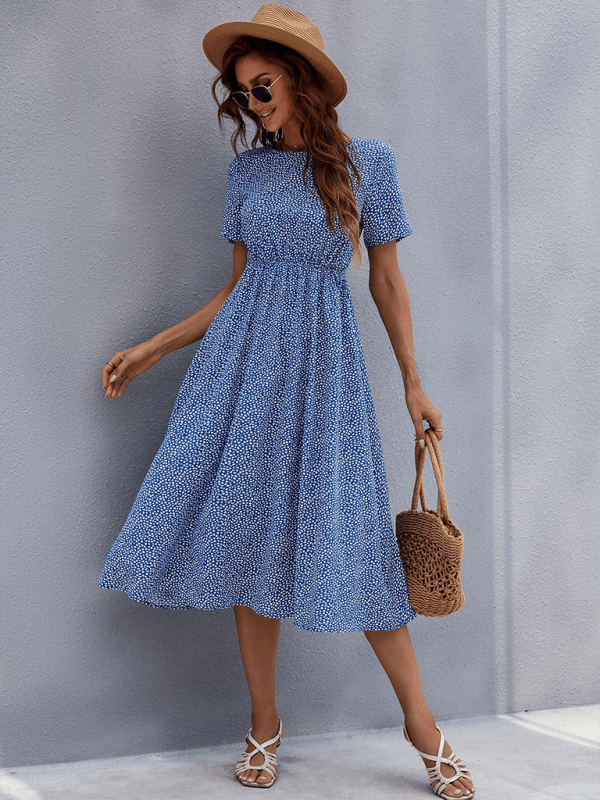 Floral dress women's summer small fresh short - sleeved mid - length skirt - Day Dress