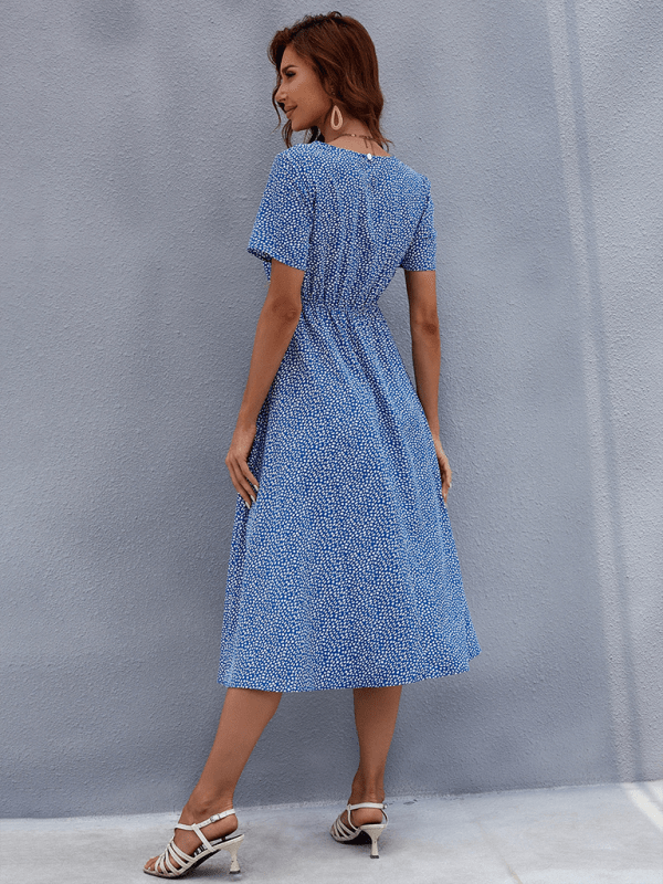 Floral dress women's summer small fresh short - sleeved mid - length skirt - Day Dress