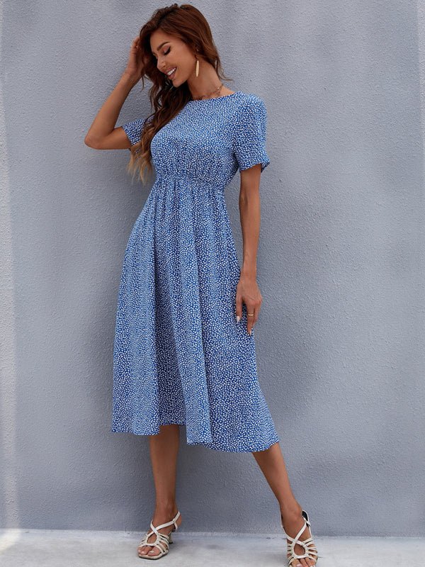 Floral dress women's summer small fresh short - sleeved mid - length skirt - Day Dress