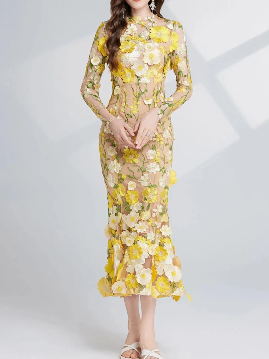 Floral Embroidered Mesh Midi Dress - 