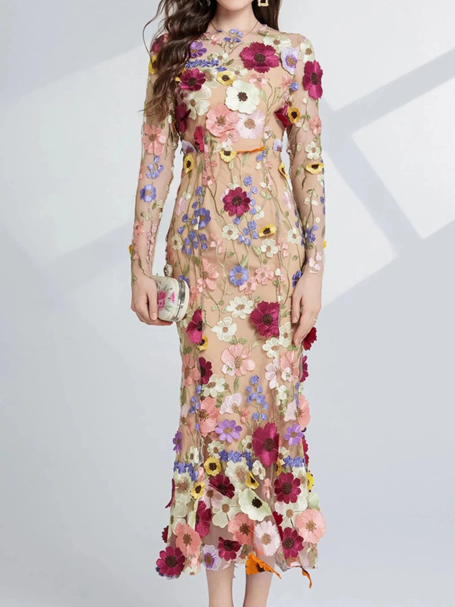 Floral Embroidered Mesh Midi Dress - 