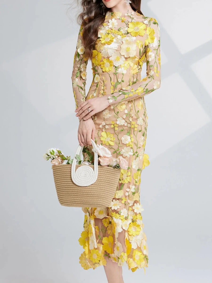 Floral Embroidered Mesh Midi Dress - 