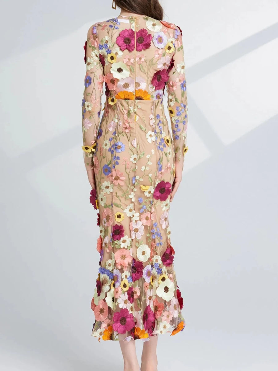 Floral Embroidered Mesh Midi Dress - 