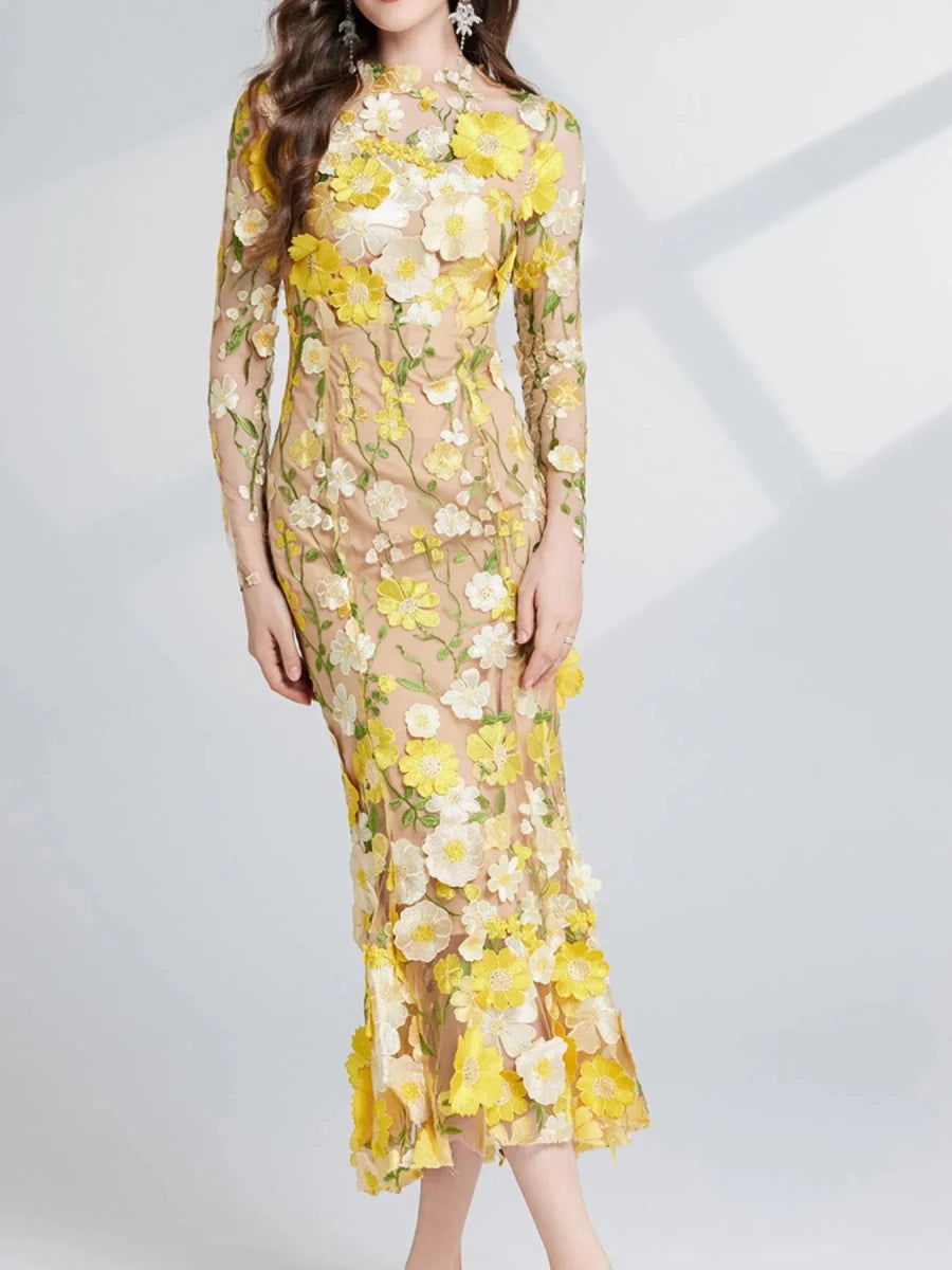 Floral Embroidered Mesh Midi Dress - 