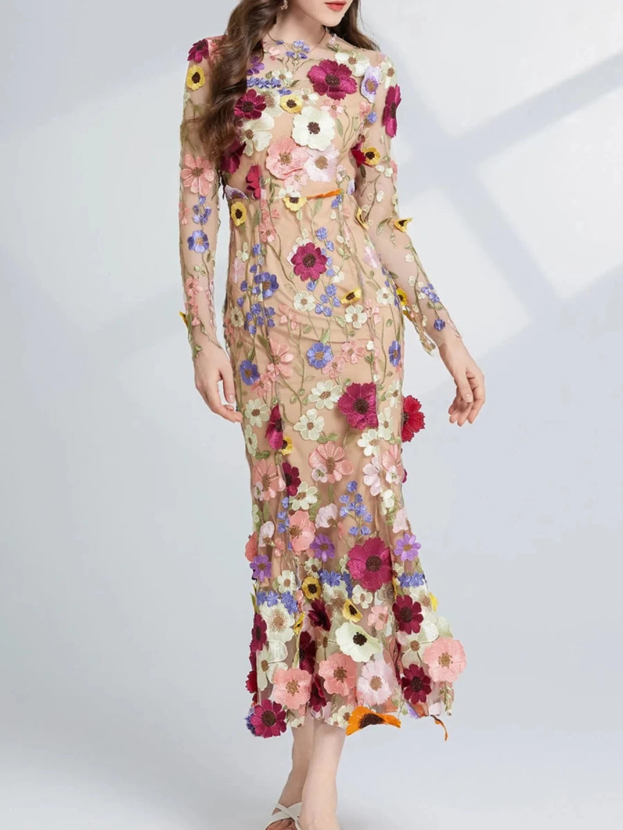 Floral Embroidered Mesh Midi Dress - 