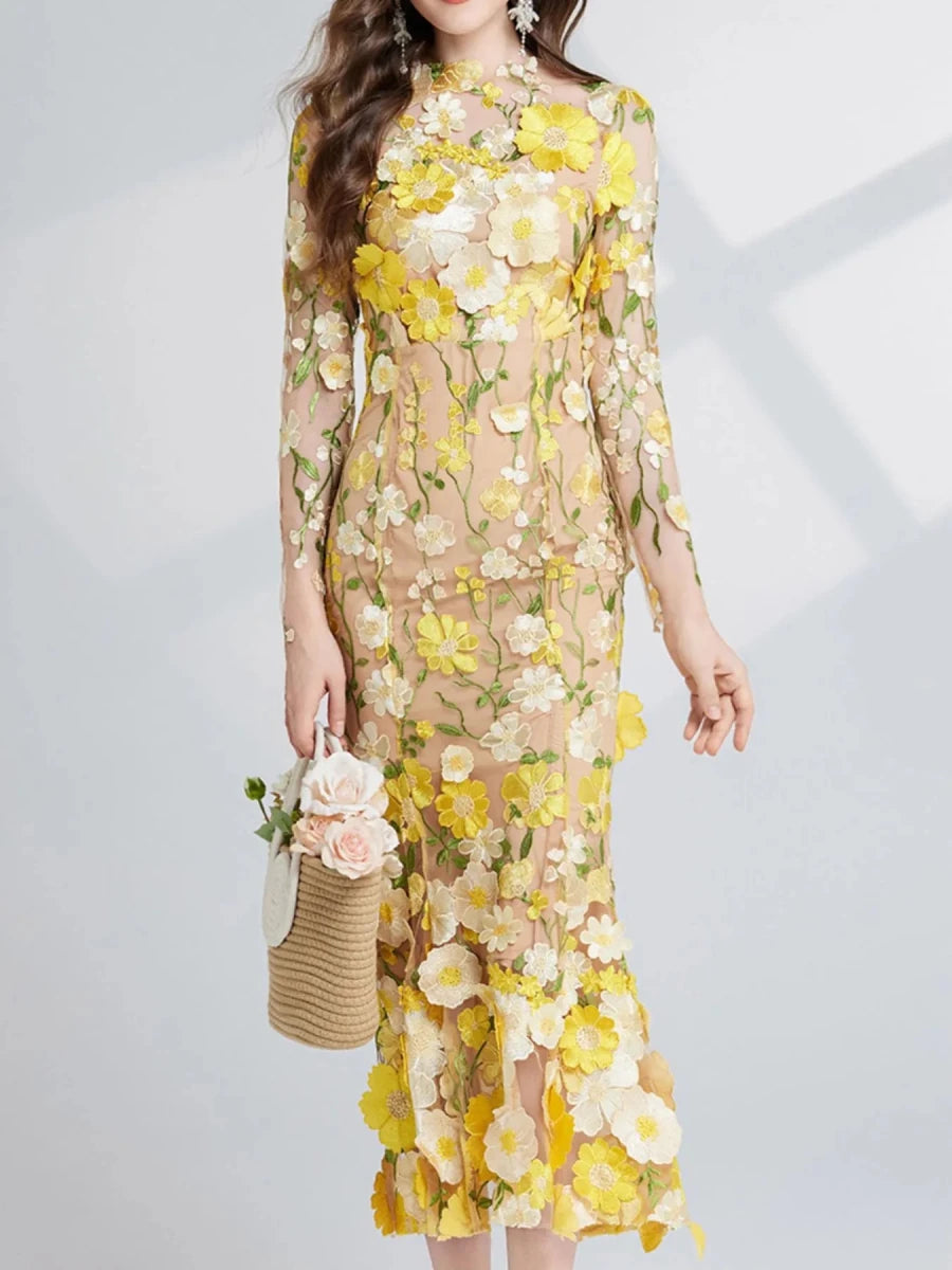 Floral Embroidered Mesh Midi Dress - 