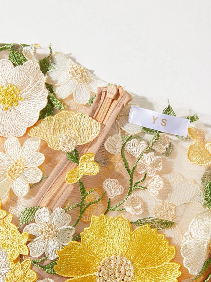 Floral Embroidered Mesh Midi Dress - 