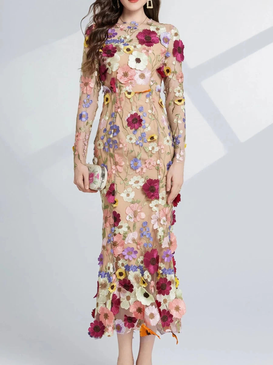 Floral Embroidered Mesh Midi Dress - 