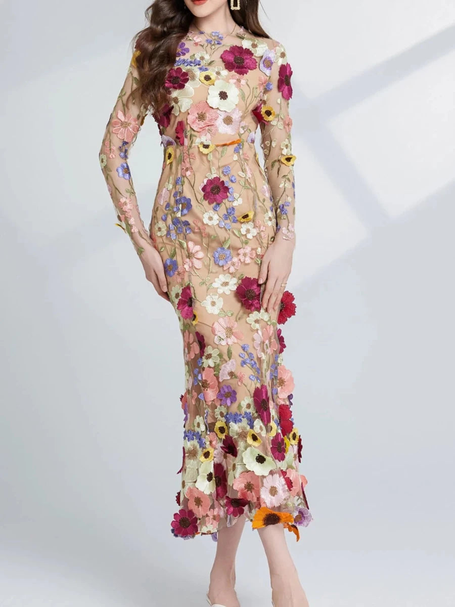 Floral Embroidered Mesh Midi Dress - 