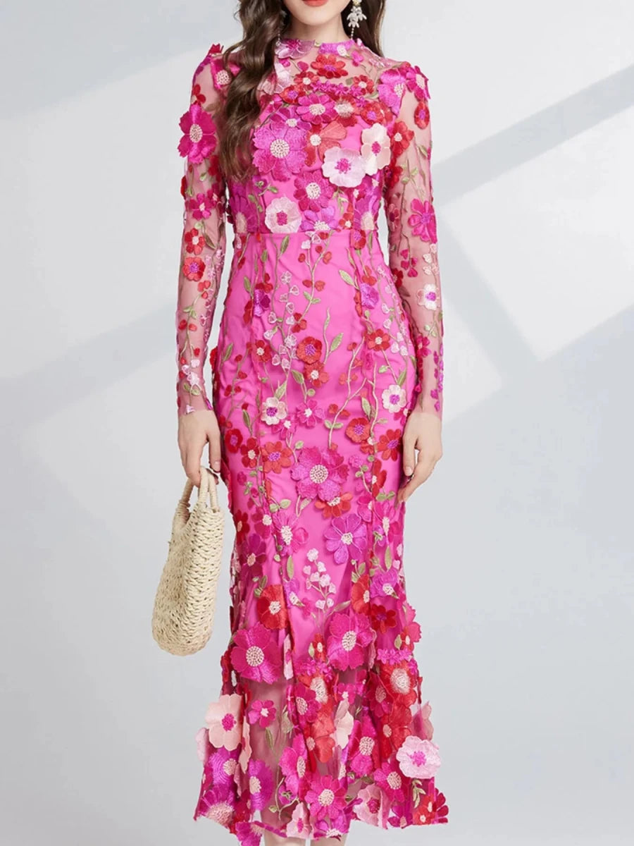 Floral Embroidered Mesh Midi Dress - 