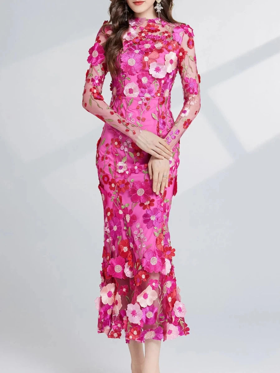 Floral Embroidered Mesh Midi Dress - 