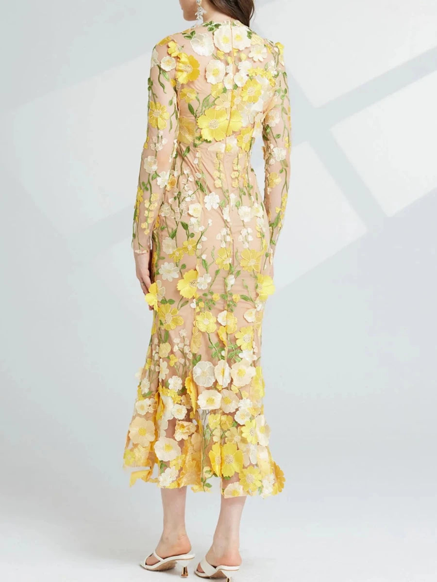 Floral Embroidered Mesh Midi Dress - 