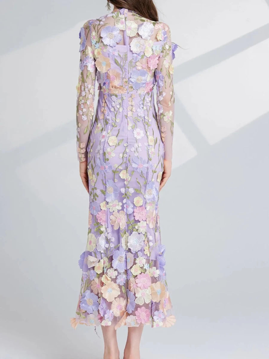 Floral Embroidered Mesh Midi Dress - 