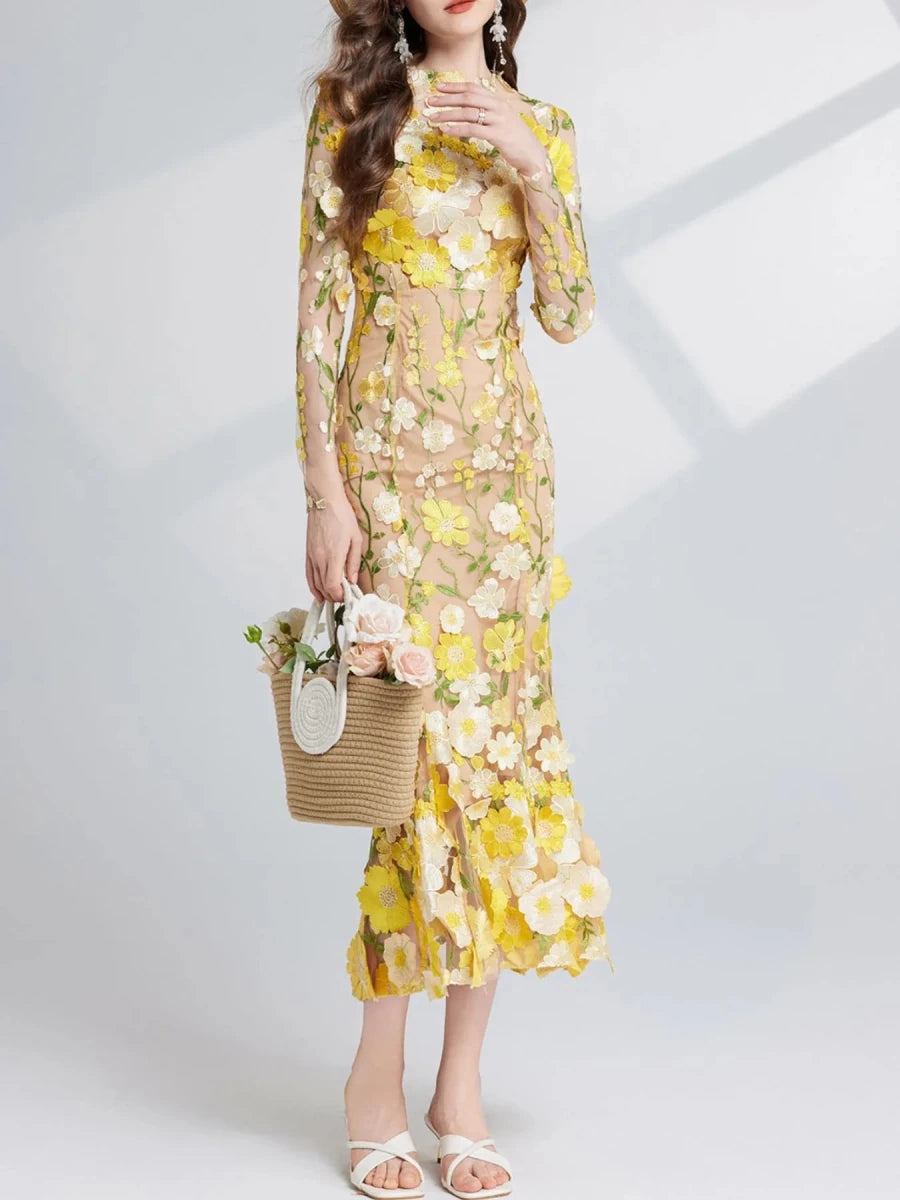 Floral Embroidered Mesh Midi Dress - 