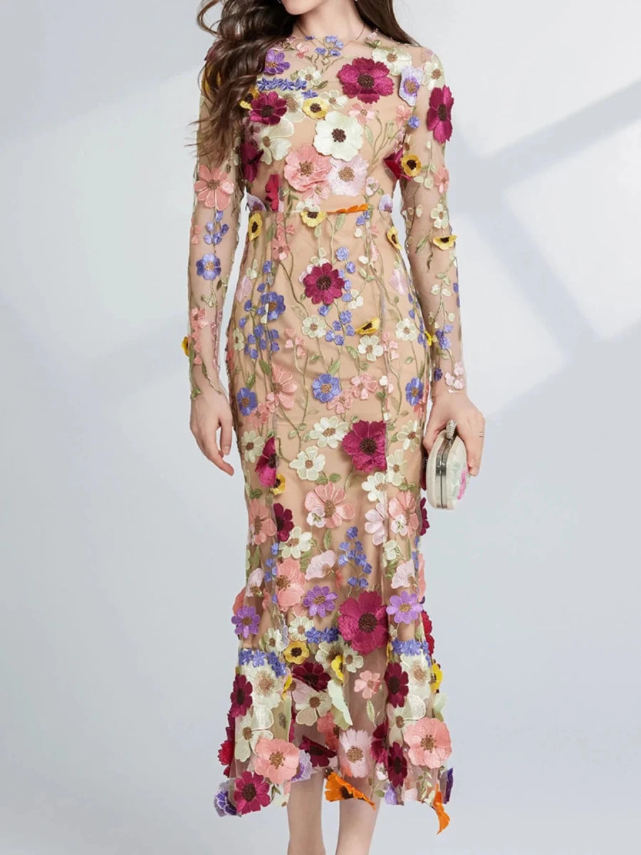 Floral Embroidered Mesh Midi Dress - 