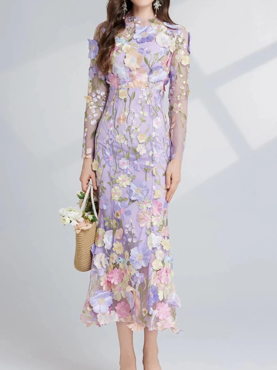 Floral Embroidered Mesh Midi Dress - 