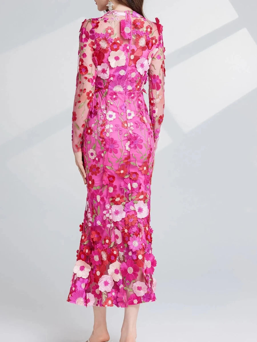Floral Embroidered Mesh Midi Dress - 