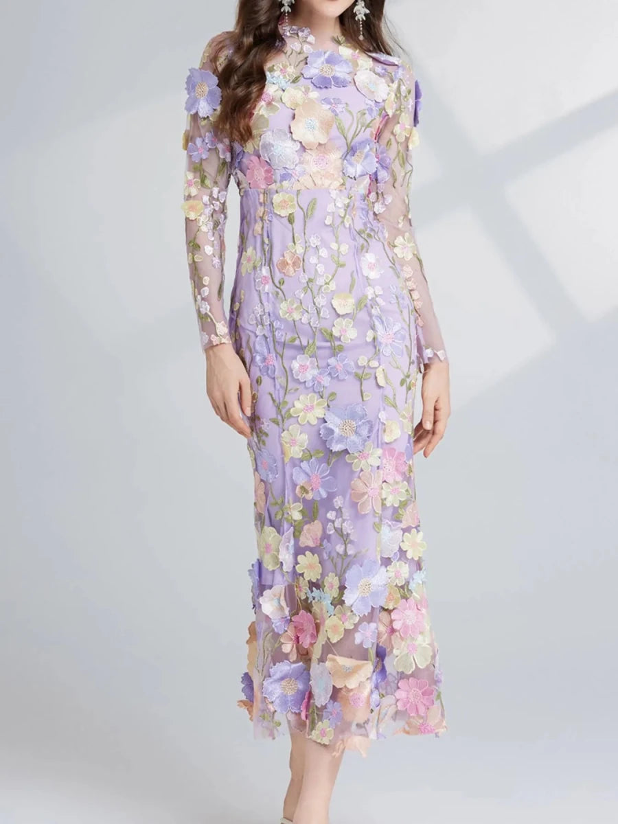 Floral Embroidered Mesh Midi Dress - 