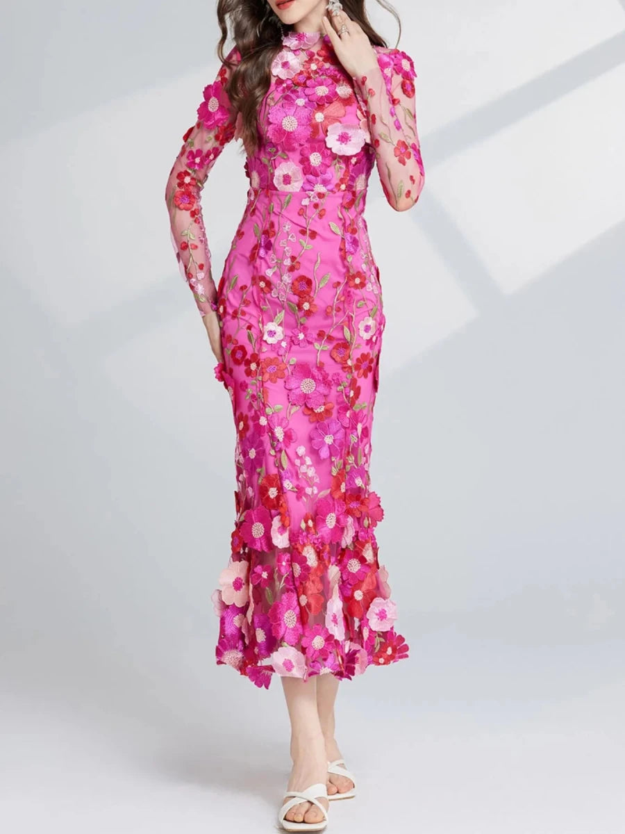Floral Embroidered Mesh Midi Dress - 